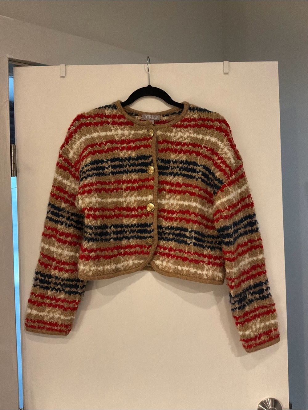 J. Crew Striped Fuzzy Cropped Cardigan - Red, Navy, Tan